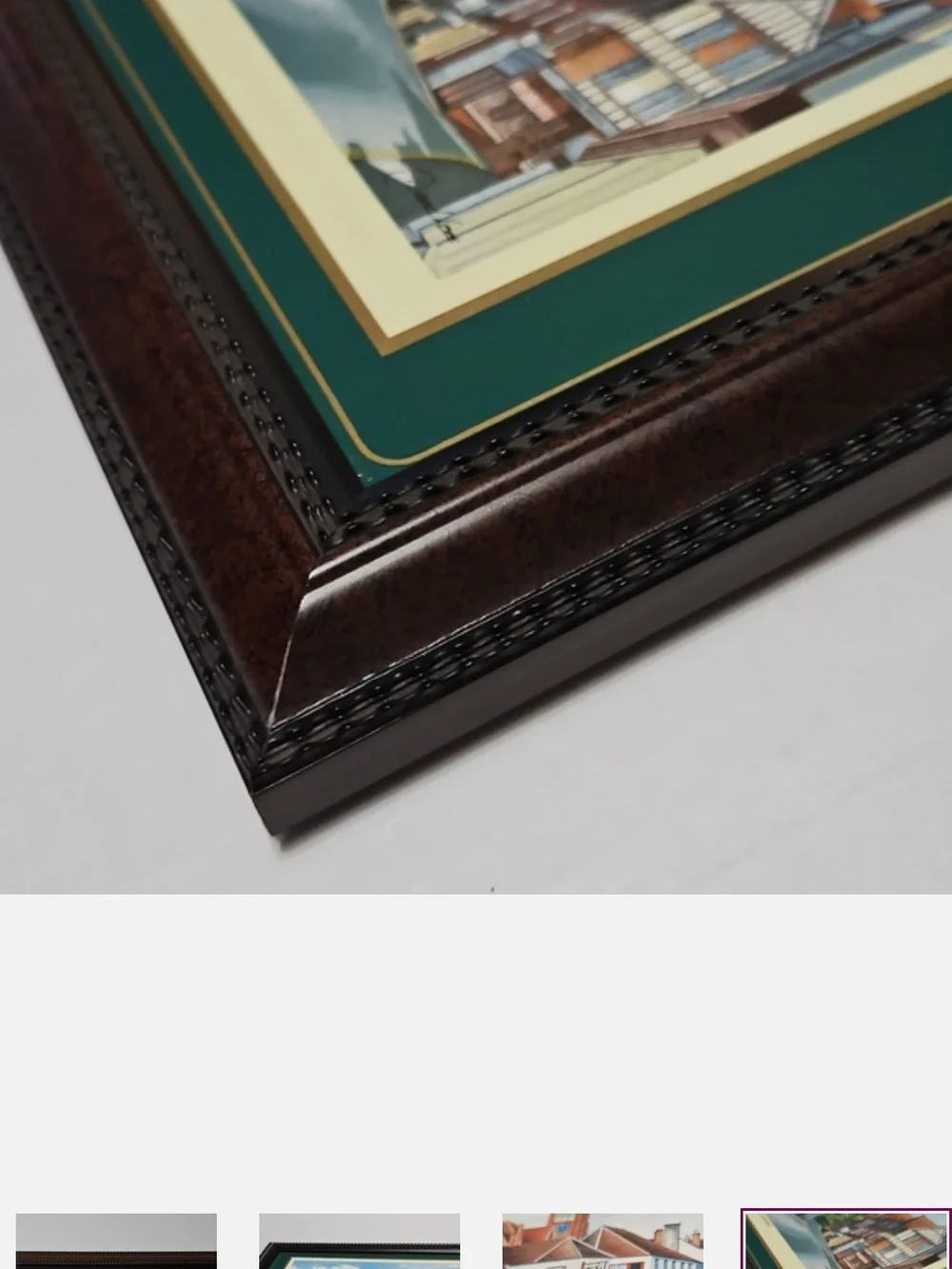 Set of Six Framed English Villages  Prints in Brown Frames with Green Mats